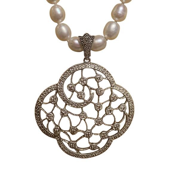 Sterling Silver & Freshwater Pearl Necklace w/ Removable Sterling & Zircon Pend. - Picture 4 of 12